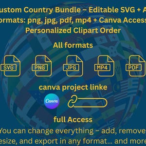 May include: A digital graphic design featuring a globe composed of country flags. The image includes file type icons for SVG, PNG, JPG, MP4, and PDF formats. Text includes "Custom Country Bundle," "Canva Access," and "full Access."