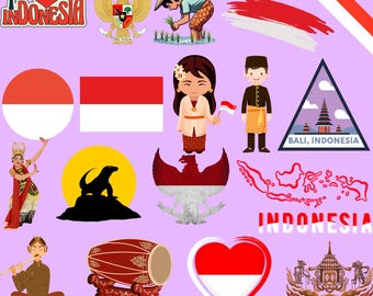 Indonesia Bundle: 70 Digital PNG Files | Indonesian Flag, Bali, Borobudur, Wayang, Temples & More | 1800x1600px