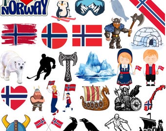 Norway Bundle: 70 Digital PNG Files | Norwegian Flag, Fjords, Vikings, Traditional Art & More | 1800x1600px