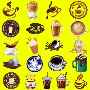 May include: A selection of coffee-related illustrations on a yellow backdrop. The images showcase different coffee cups, latte art, and coffee shop logos. Some images include text such as "Coffee Shop", "Coffee Morning", and "Fresh and Delicious".