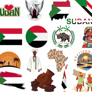 Könnte beinhalten: Eine Sammlung von Bildern, die den Sudan repräsentieren. Die Bilder zeigen die sudanesische Flagge, eine Karte des Sudan, ein Kamel, eine Frau in traditioneller Kleidung und eine Skyline von Khartum.