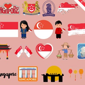Könnte beinhalten: Eine Sammlung bunter Illustrationen und Grafiken rund um Singapur. Die Bilder zeigen ein Herz mit dem Wort "Singapur" darin, eine Flagge, einen Löwen, ein Gebäude und eine Person in traditioneller Kleidung.