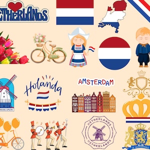 Paquete de Países Bajos: 50 archivos PNG digitales / Bandera holandesa, molinos de viento, tulipanes y más / 1800 x 1600 px