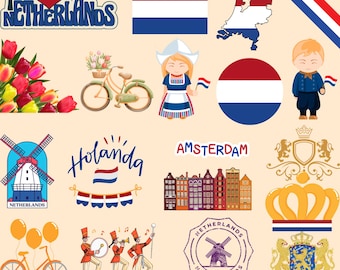 Netherlands Bundle: 50 Digital PNG Files | Dutch Flag, Windmills, Tulips & More | 1800x1600px