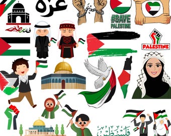 May include: A collection of illustrations supporting the Palestinian cause. The illustrations include the Palestinian flag, the Dome of the Rock, a dove, and people holding signs that say "#Save Palestine" and "Palestine".