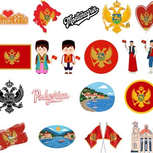 May include: A montage of Montenegro-related imagery, featuring the national flag, coat of arms, and map. The image also includes cartoon figures in traditional dress, a coastal scene, and a church, all in a vibrant colour palette.