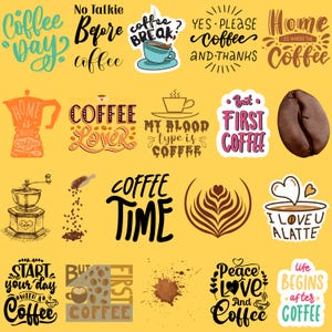 Puede incluir: Una colección de pegatinas e ilustraciones con temática de café sobre un fondo amarillo. Los diseños incluyen granos de café, tazas de café y frases como "Coffee Day", "Coffee Time" y "But First Coffee!". El estilo es una mezcla de lettering y elementos gráficos.