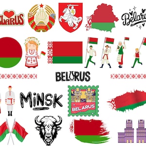 May include: A collection of Belarus-themed graphics and illustrations. Includes the Belarus flag, map, coat of arms, and stylized text. Also features illustrations of people in traditional clothing and a stamp design.