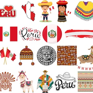 Peru Bundle: 50 plików cyfrowych PNG | Flaga Peru, Machu Picchu, lamy i więcej | 1800x1600px