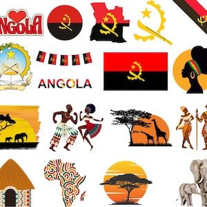 May include: A collection of colorful illustrations representing Angola. The illustrations include a map of Angola, a flag, a symbol with a star and crossed rifles, a woman's silhouette, and a traditional dance scene.