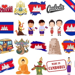 May include: A collection of illustrations and graphics featuring Cambodian cultural elements. Includes the Cambodian flag, a tuk-tuk, cartoon figures in traditional attire, and the text "Made in Cambodia."