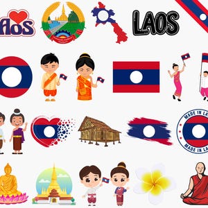 Laos-paket: 100 digitala PNG-filer | Laos flagga, tempel, landmärken, traditionell konst och mer | 1800x1600px