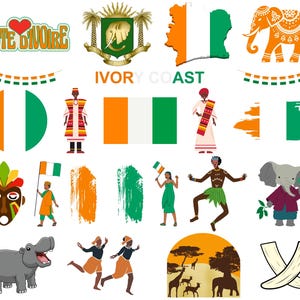Elfenbeinküste-Bundle: 60 digitale PNG-Dateien | Elfenbeinküste Flagge, Karte, Sehenswürdigkeiten, traditionelle Kunst & mehr | 1800x1600px