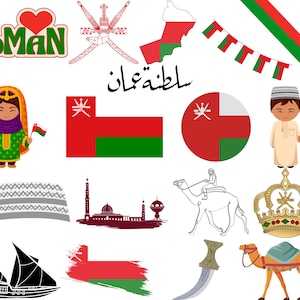 Könnte beinhalten: Eine Sammlung von Illustrationen, die Oman darstellen. Die Illustrationen beinhalten eine Flagge, eine Karte, eine Krone, einen traditionellen omanischen Hut, eine Frau in traditioneller Kleidung, ein Kamel, einen Dolch, ein Boot und eine Moschee. Der Text "I love Oman" und "سلطنة عمان" ist ebenfalls enthalten.
