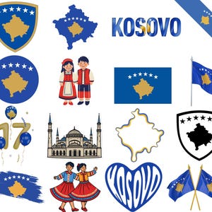 Può includere: Una collezione di illustrazioni e grafiche con elementi relativi al Kosovo. Include la bandiera del Kosovo, contorni di mappe, uno scudo e la parola "Kosovo" in vari stili. Include anche illustrazioni di abiti tradizionali, una moschea e palloncini.