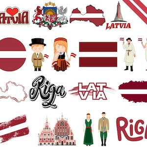 Puede incluir: Una colección de ilustraciones y gráficos con símbolos letones. Incluye la palabra "Latvia" con un corazón, el escudo de armas letón, un mapa de Letonia y la palabra "Latvia" con una torre. También incluye la palabra "Rīga".