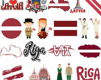 Latvia Bundle: 80 Digital PNG Files | Latvian Flag, Map, Landmarks, Folk Art & More | 1800x1600px