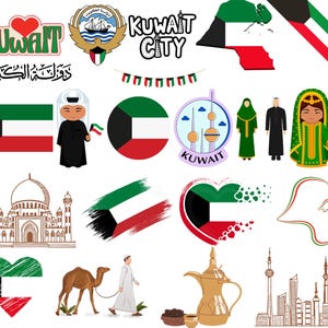 May include: A collection of colourful illustrations celebrating Kuwait. The illustrations include the Kuwaiti flag, a mosque, a traditional coffee pot, and a map of Kuwait. The text "KUWAIT CITY" is also included in the image.