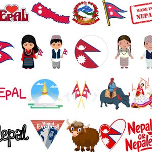 Puede incluir: Colección de ilustraciones y gráficos relacionados con Nepal. Incluye la bandera de Nepal, un mapa de Nepal, figuras de dibujos animados con vestimenta tradicional, el Monte Everest y el texto "Nepal".