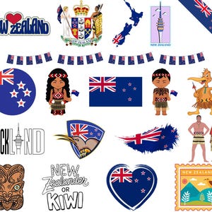 Paquete de Nueva Zelanda: 80 archivos PNG digitales / Bandera de Nueva Zelanda, arte maorí, pájaro kiwi, lugares emblemáticos y más / 1800 x 1600 px