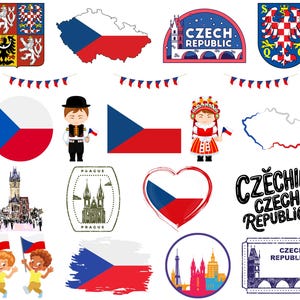 May include: A collection of Czech Republic themed illustrations and graphics. Includes the Czech flag, maps, emblems, and cartoon figures in traditional attire. Also features the text "Czech Republic" in various designs.