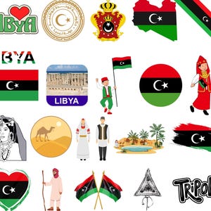 Puede incluir: Una colección de ilustraciones coloridas relacionadas con Libia. Las ilustraciones incluyen la bandera libia, un corazón con la palabra "LIBYA" dentro, un camello, una mezquita y el texto "LIBYA" en una pancarta azul. Las ilustraciones están sobre un fondo blanco.