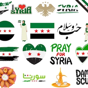 May include: A collection of graphic designs and illustrations featuring the flag of Syria, including a heart shape, a map outline, and the words "Pray for Syria" and "Damascus". Also includes a traditional Middle Eastern meal.