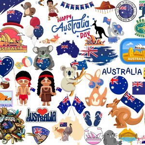 May include: A colourful illustration featuring various Australian icons, including a kangaroo, koala, boomerang, and the Sydney Opera House. The text "Happy Australia Day" is prominently displayed.