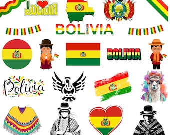 Bolivia Bundle: 70 Digital PNG Files | Bolivian Flag, Map, Landmarks, Traditional Art & More | 1800x1600px