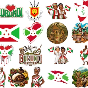 Może przedstawiać: Kolekcja naklejek z motywami Burundi, w tym flagą narodową, mapami, tradycyjnymi strojami, scenami kulturowymi, bębnami, włóczniami oraz napisami takimi jak I Love Burundi i Welcome to Burundi w różnych stylach artystycznych.