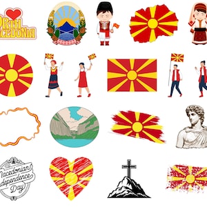 Könnte beinhalten: Eine Sammlung von Illustrationen und Grafiken mit Symbolen und Bildern, die mit Nordmazedonien in Verbindung stehen. Enthält Flaggen, Karten, Menschen in traditioneller Kleidung und die Texte "I Love North Macedonia" und "Mazedonischer Unabhängigkeitstag."