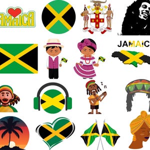 Jamaica-bundel: 50 png-bestanden | Jamaicaanse vlag, reggaekunst, kaart, rastafarisymbolen en meer | 1800 x 1600 px