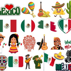 Mexiko Bundle: 50 Digitale PNG Dateien | Mexikanische Flagge, Maya-Tempel, Sombrero, Tag der Toten & mehr | 1800x1600px