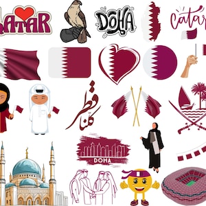 Puede incluir: Una colección de ilustraciones y gráficos relacionados con Qatar. Las imágenes incluyen un corazón con la palabra "Qatar" dentro, un pájaro, la palabra "Doha", un mapa de Qatar, la palabra "Qatar" en escritura árabe, una bandera de Qatar, una mezquita, un horizonte de Doha, un personaje de dibujos animados y un estadio de fútbol.