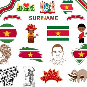 Suriname Bündel: 50 Digitale PNG Dateien | Suriname Flagge, Karte, Sehenswürdigkeiten, traditionelle Kunst & mehr | 1800x1600px
