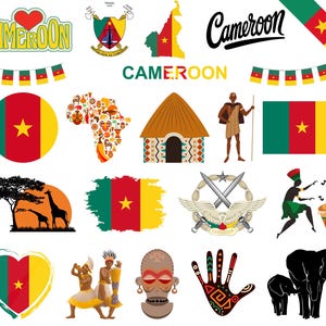 Paquete de Camerún: 70 archivos PNG digitales / Bandera, mapa, monumentos, arte tradicional y más de Camerún / 1800 x 1600 px