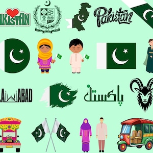 May include: A selection of illustrations depicting Pakistan. The image includes flags, a map, text, and cartoon figures of people in traditional dress. The colour scheme is predominantly green, white, and black.