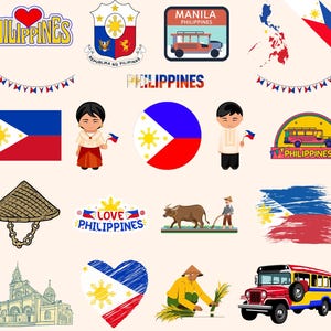 Lot Philippines : 90 fichiers PNG numériques | drapeau philippin, jeepney, monuments, art traditionnel et plus | 1800x1600px