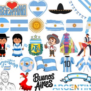 Puede incluir: Una ilustración colorida con varios símbolos e imágenes relacionadas con Argentina. Incluye la bandera argentina, un balón de fútbol, un sombrero tradicional, un edificio y personajes de dibujos animados. El texto "Argentina" aparece varias veces en la imagen.