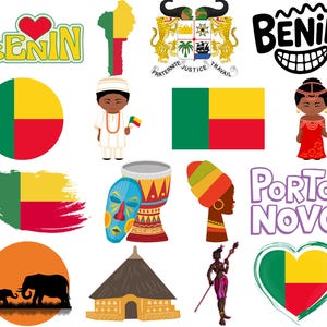Op de afbeelding: Een verzameling illustraties met het thema Benin. Bevat de vlag van Benin, een kaart, het wapen en het woord "Benin" in een lachend gezichtsontwerp. Bevat ook culturele figuren, een trommel en de stad "Porto-Novo".