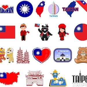May include: A collection of Taiwan-themed illustrations and graphics. Includes the Taiwan flag, map outlines, cartoon characters, Taipei 101, lion dance figures, and a heart-shaped design with the flag.