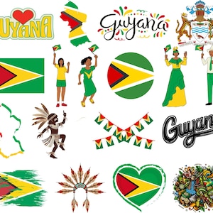 May include: A collection of colourful illustrations and graphics related to Guyana. The images include the flag, a heart with the word "Guyana" inside, a map of the country, a woman in traditional clothing, and a man in a suit. The word "Guyana" is written in a stylised font.
