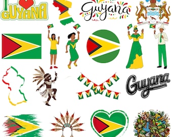 Guyana Bundle: 60 Digital PNG Files | Guyanese Flag, Map, Landmarks, Traditional Art & More | 1800x1600px