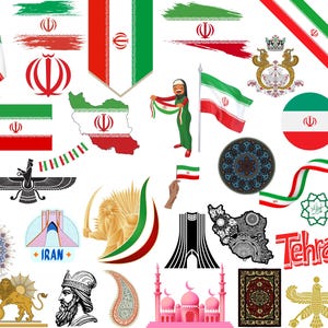 Pacote do Irã: 50 arquivos PNG digitais | Bandeira iraniana, arte persa, marcos e muito mais | 1800x1600px