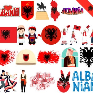 Op de afbeelding: Een verzameling illustraties en afbeeldingen met Albanese symbolen. Bevat de Albanese vlag, een dubbelkoppige adelaar, traditionele kleding en de tekst "Albanese Onafhankelijkheidsdag."