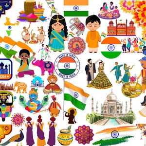 インド バンドル: 50 個のデジタル PNG ファイル | タージ マハル、蓮の花、インドの国旗、祭りなど | 1800x1600 ピクセル
