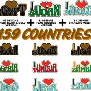 I Love Africa – 159 adesivi PNG digitali / 3 versioni incluse (standard, color bandiera, nero e oro di lusso) / PNG trasparenti di alta qualità