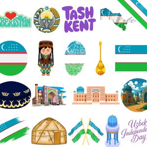 Puede incluir: Una colección de ilustraciones con símbolos culturales uzbekos. Incluye la bandera uzbeka, un contorno de mapa, una muñeca tradicional, monumentos arquitectónicos, un instrumento musical y el texto "Tashkent".