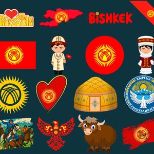 May include: A collection of illustrations featuring symbols and elements of Kyrgyzstan. Includes the flag, a map, the word "Bishkek", a yurt, a yak, and stylized figures in traditional clothing. The color palette is dominated by red, yellow, and blue.