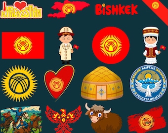 Kyrgyzstan Bundle: 65 Digital PNG Files | Kyrgyz Flag, Yurts, Mountains, Traditional Art & More | 1800x1600px